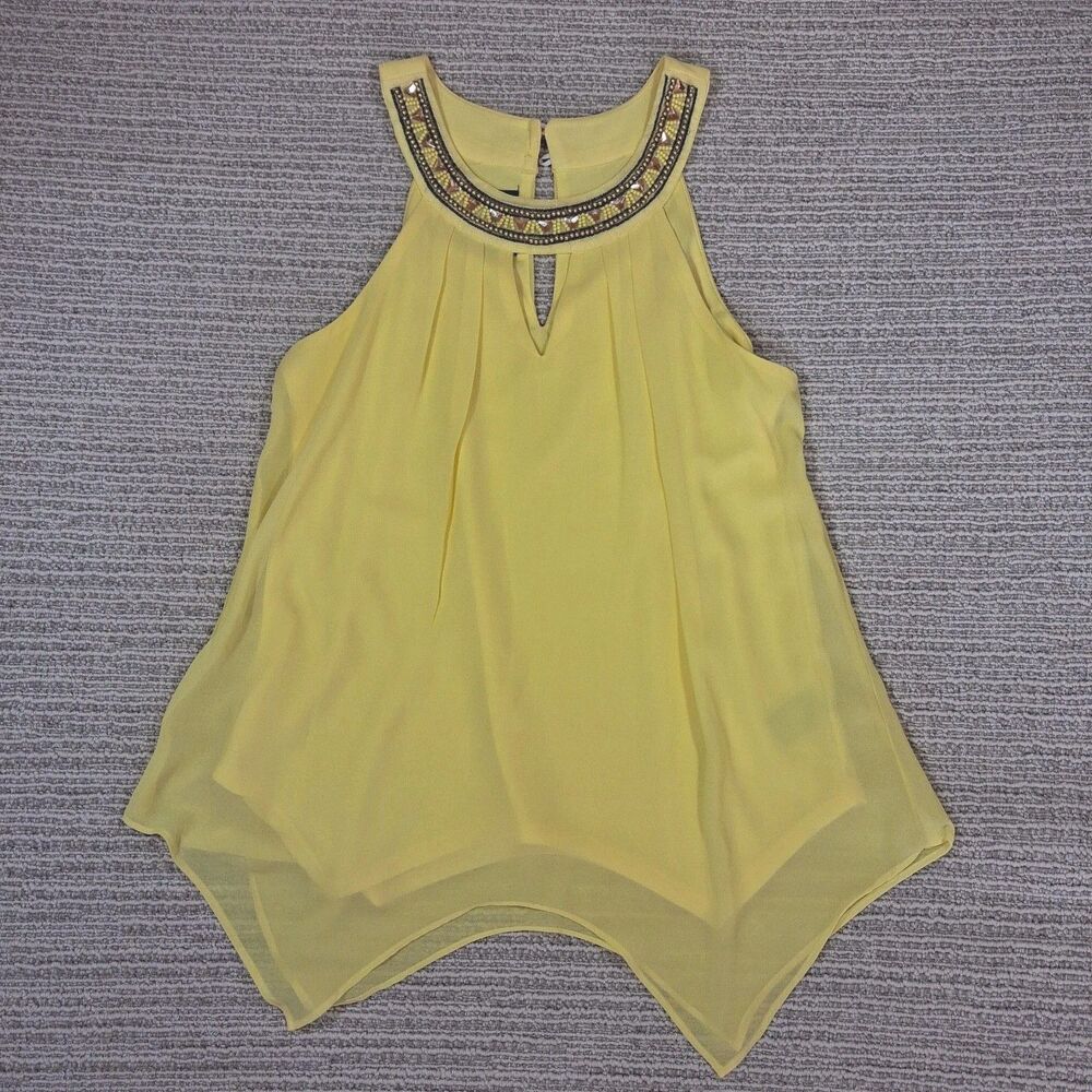 ​by & by yellow beaded halter top handkerchief hem size s small